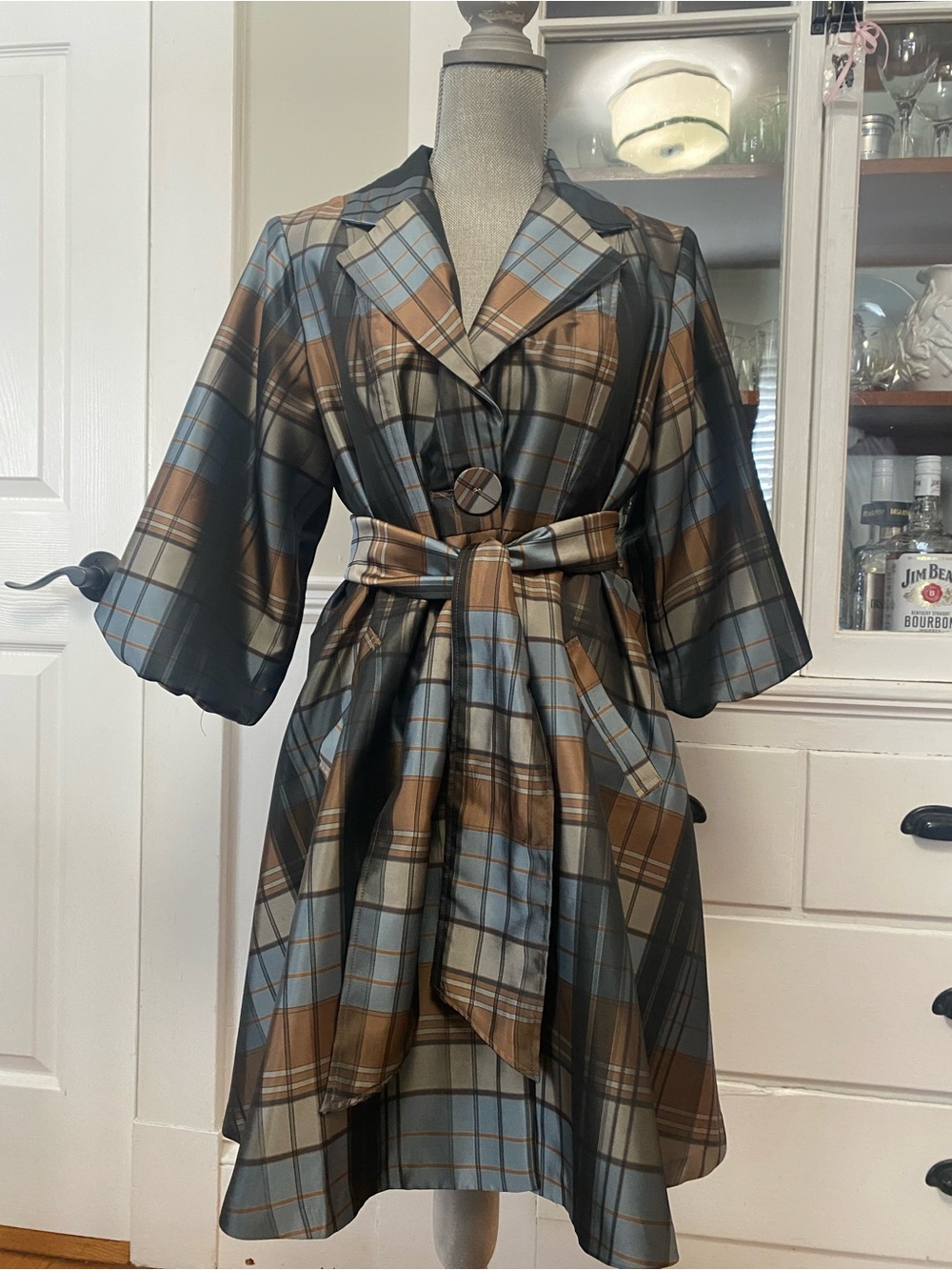 Puli Blue & Brown Plaid Satin Robe Dress with Belt
